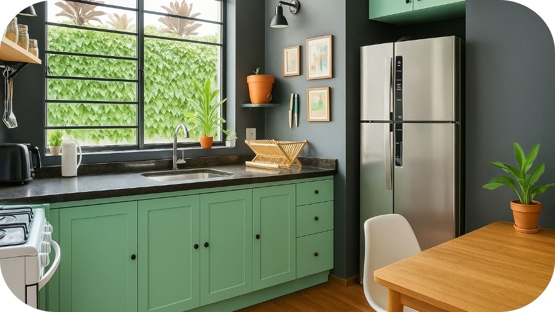 Mala kuhinja sa zelenim elementima, velikim prozorom i prirodnim osvetljenjem