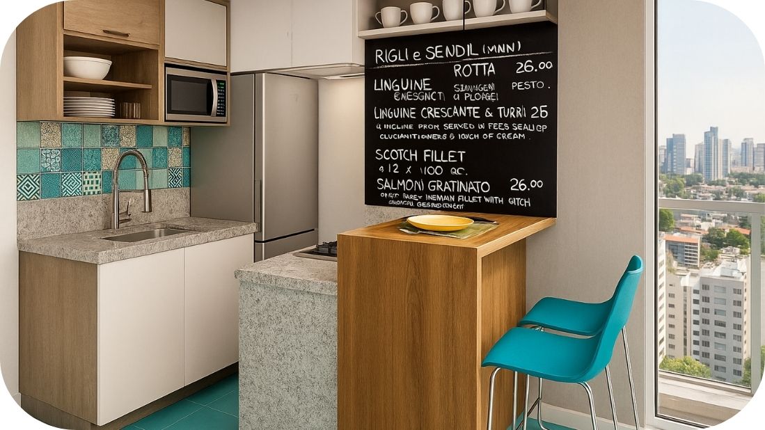 Mala kuhinja sa tirkiznim pločicama i drvenim detaljima