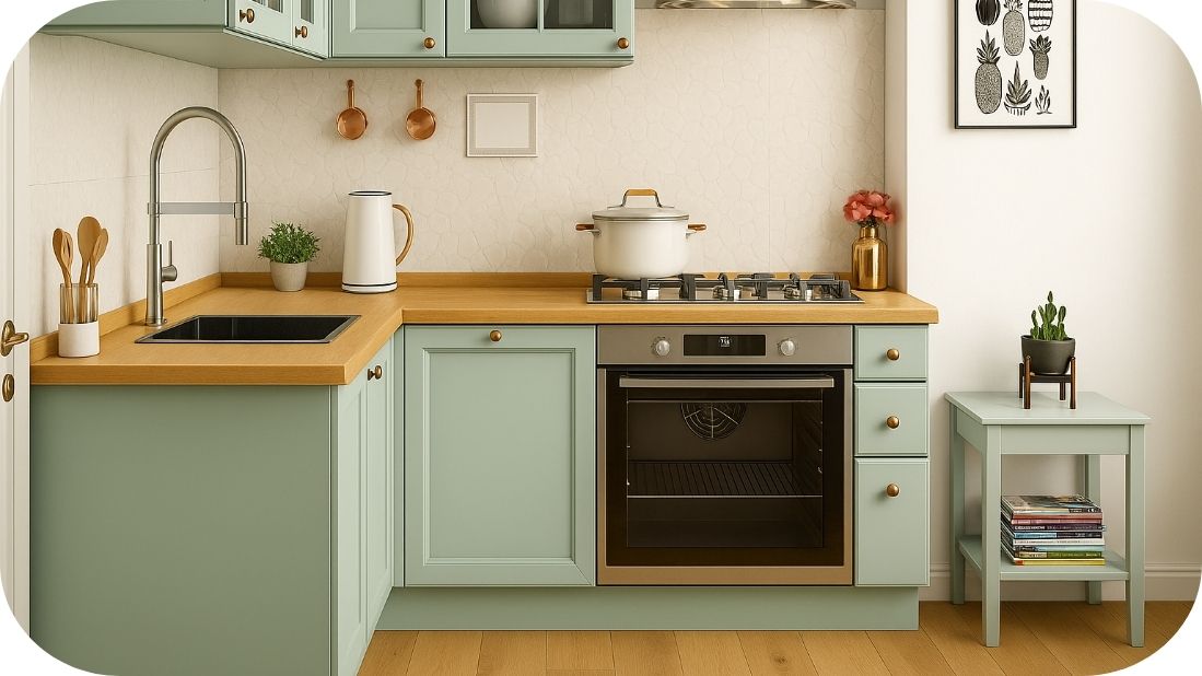 Mala kuhinja u zelenim tonovima sa drvenom radnom pločom i teksturiranim zidnim pločicama