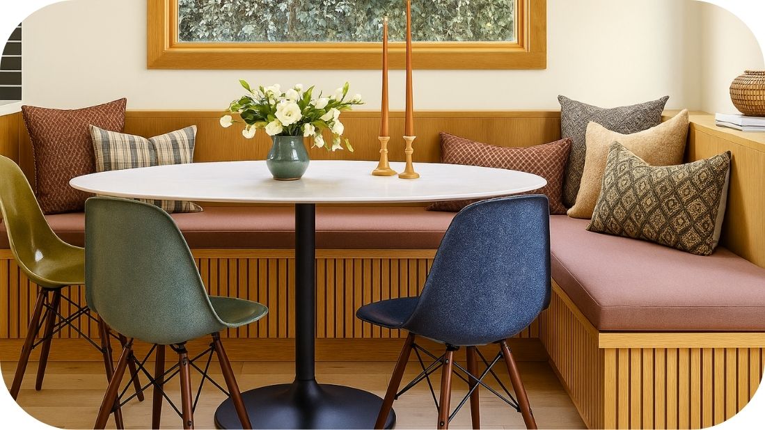 Topla trpezarija sa granitnim pločicama i drvenim detaljima