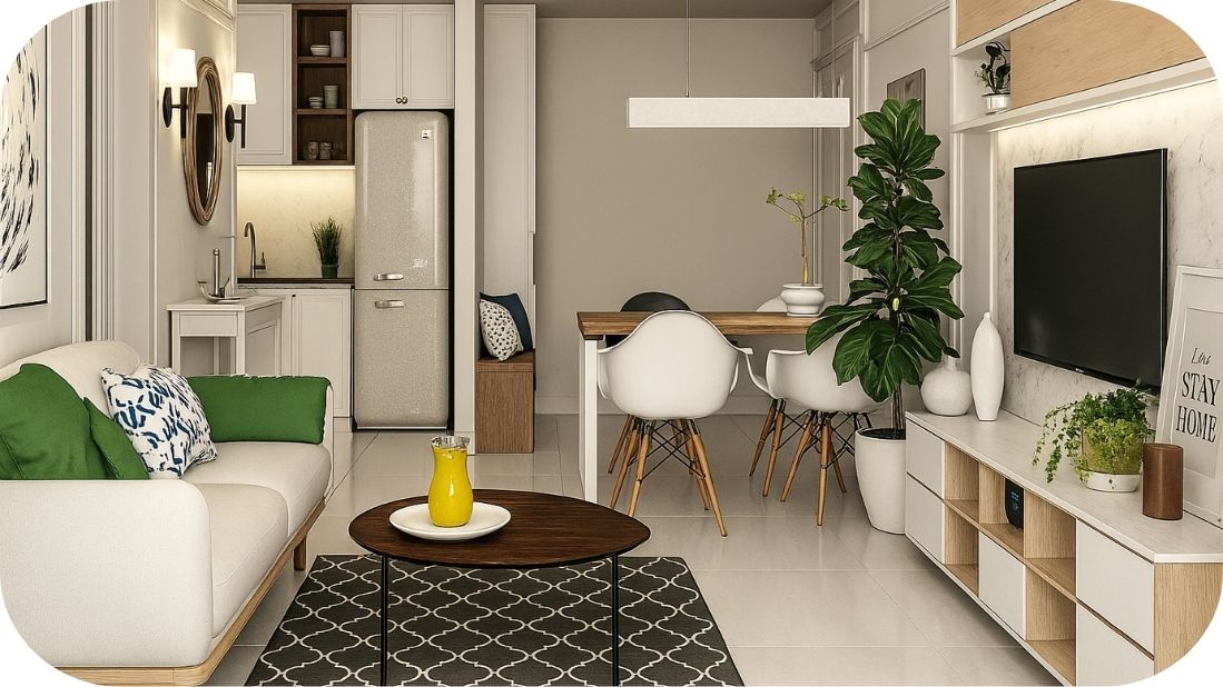 Trpezarija povezana sa dnevnim boravkom i kuhinjom u svetlim tonovima