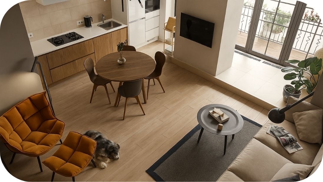 Trpezarija spojena sa kuhinjom i dnevnim boravkom