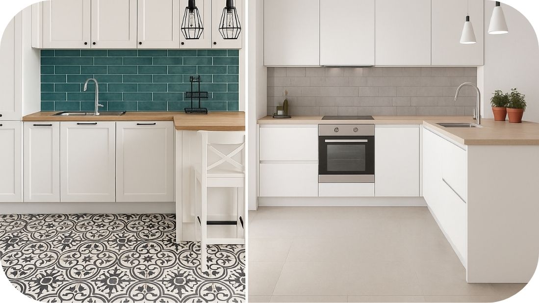 Male bele kuhinje sa dekor i bež podnim pločicama