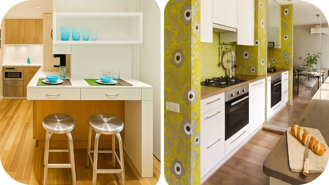 Male kuhinje sa drvenim dekorom i zidnim tapetama