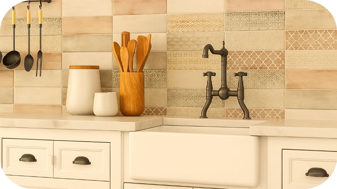 Rustične male pločice za kuhinju sa dekorom u toplim tonovima