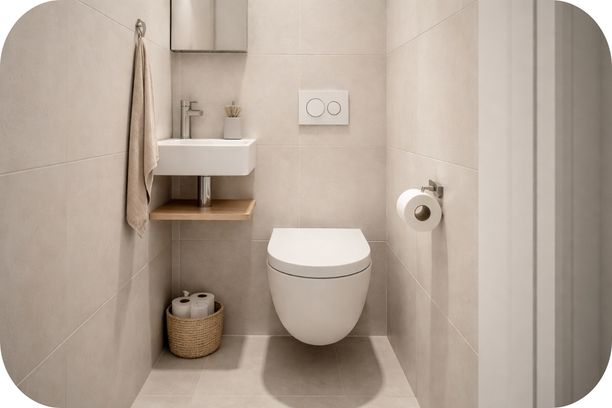 Mali samostalni toalet sa zidnim WC-om i kompaktnim umivaonikom u neutralnim tonovima, jasno organizovan mali prostor