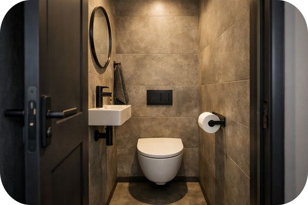 Mali samostalni toalet u industrijskom stilu sa sivim betonskim pločicama, zidnim WC-om i malim lavaboom