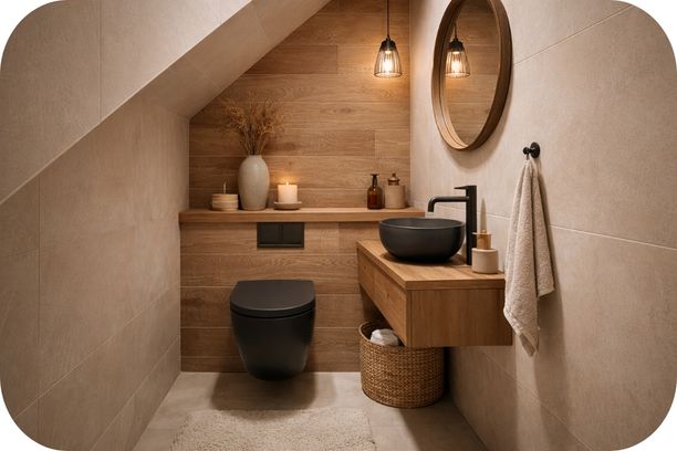 Mali WC ispod stepeništa sa pločicama u drvenom dezenu i crnom WC šoljom u toplim prirodnim tonovima