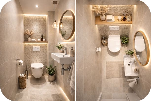 Mali WC u neutralnom minimalizmu sa mozaik pločicama i pogledom iz ptičije perspektive