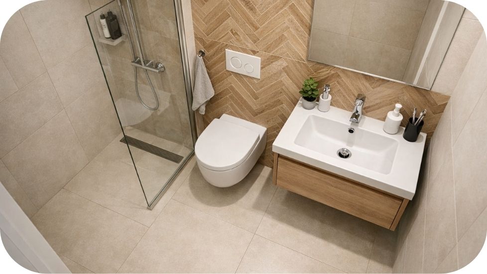 Malo kupatilo sa akcentnim zidom u dezenu drveta i podnim pločicama 60x60