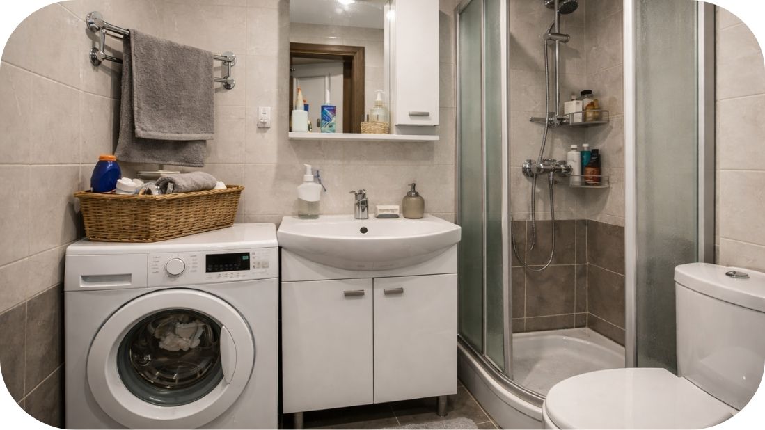 Pametan raspored malog kupatila tokom renoviranja sa veš mašinom u niši