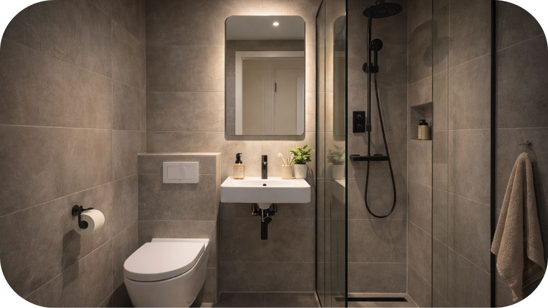 Malo urbano kupatilo sa tušem, WC šoljom i uskim lavaboom