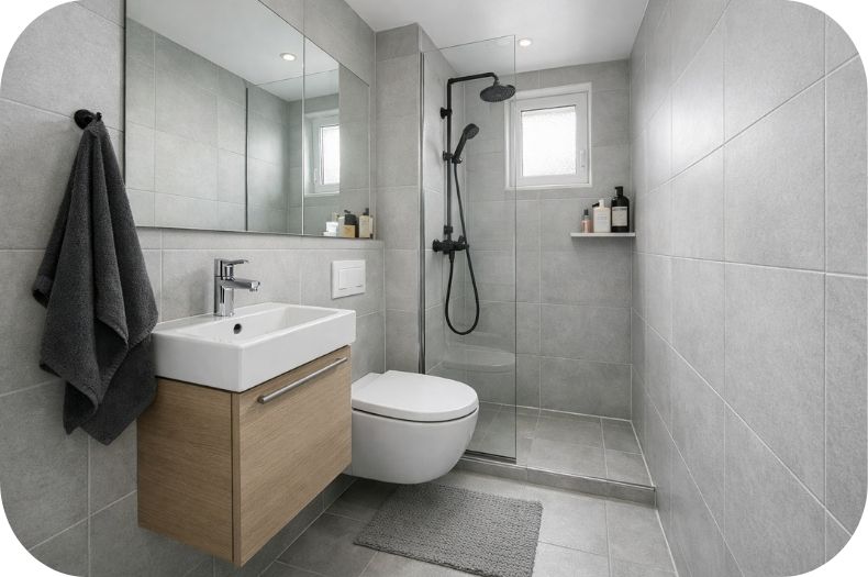 Malo kupatilo sa visećim ormarićem, velikim ogledalom i staklenim tuš paravanom