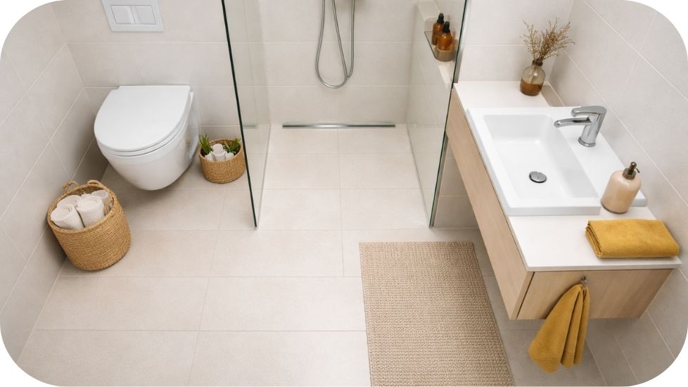 Malo kupatilo sa svetlim podnim pločicama velikog formata postavljenim u pravcu duže strane