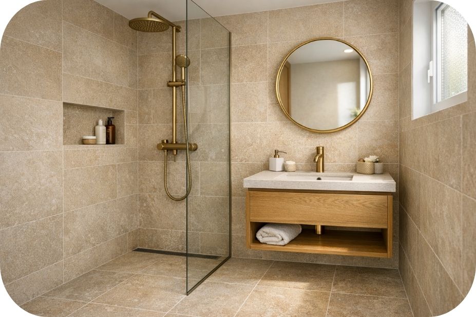 Malo luksuzno kupatilo sa tuš zonom u istoj ravni poda, mesing detaljima i linearnom kanalicom