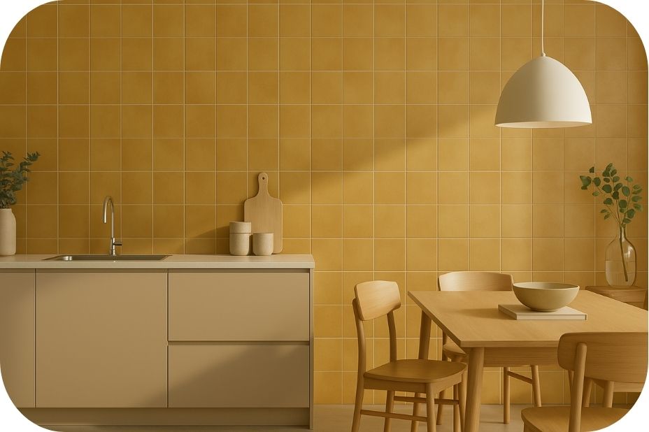Kuhinja i trpezarija sa žutim mat pločicama