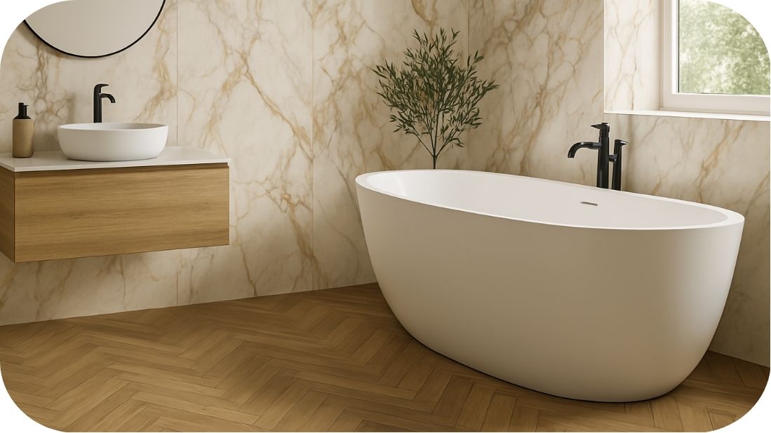 Kombinacija mermera na zidu i drveta na podu u kupatilu