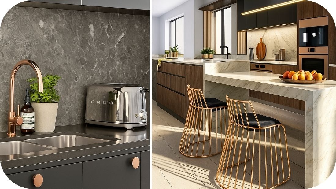 Kuhinje sa mermernim površinama i metalnim akcentima