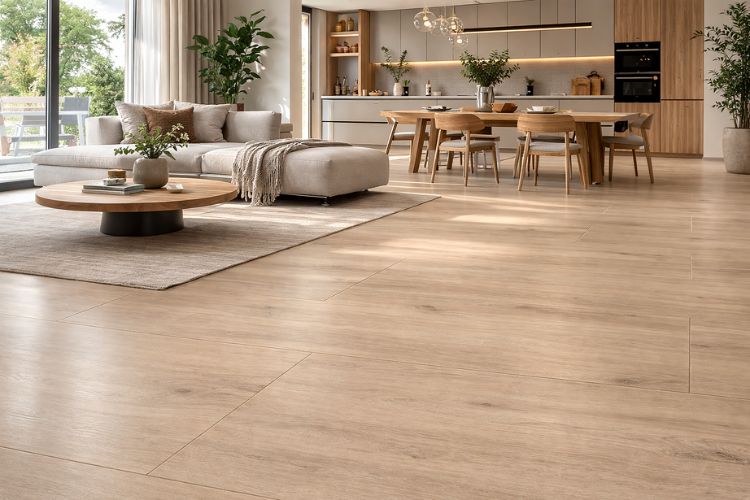 Mese Beige Matt 60x120 granitne podne pločice u dezenu svetlog drveta u modernom enterijeru