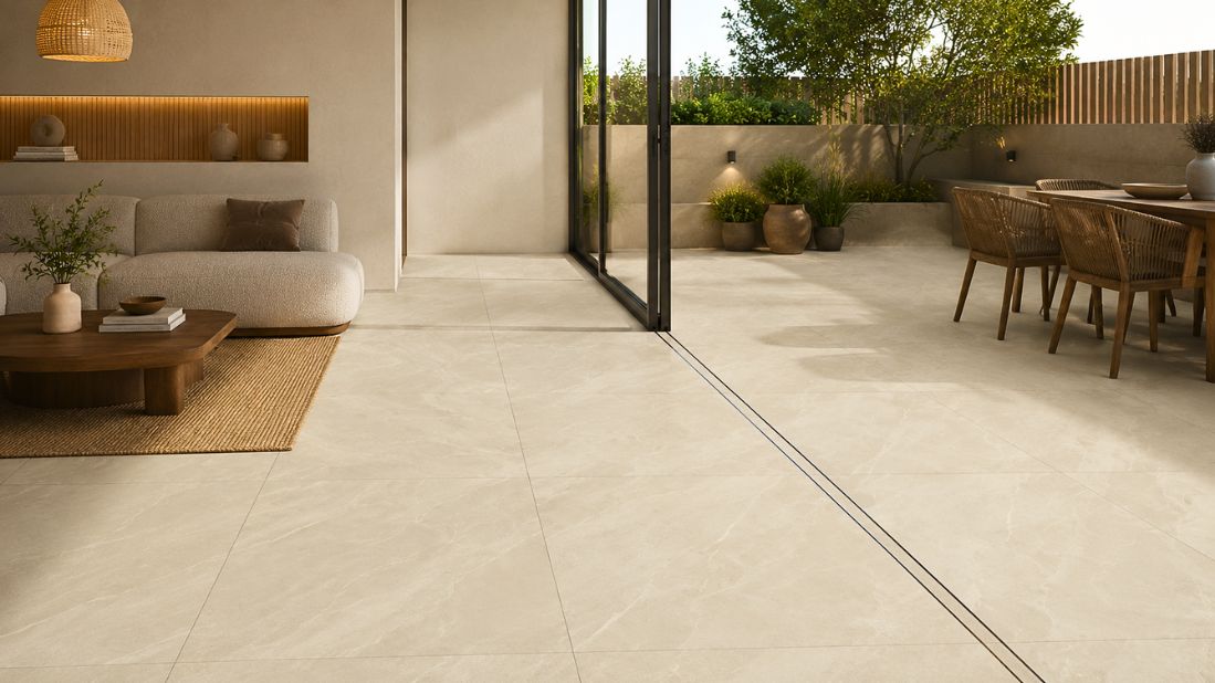 Messina Beige Matt 60x120 granitne pločice u dnevnoj sobi povezanoj sa terasom