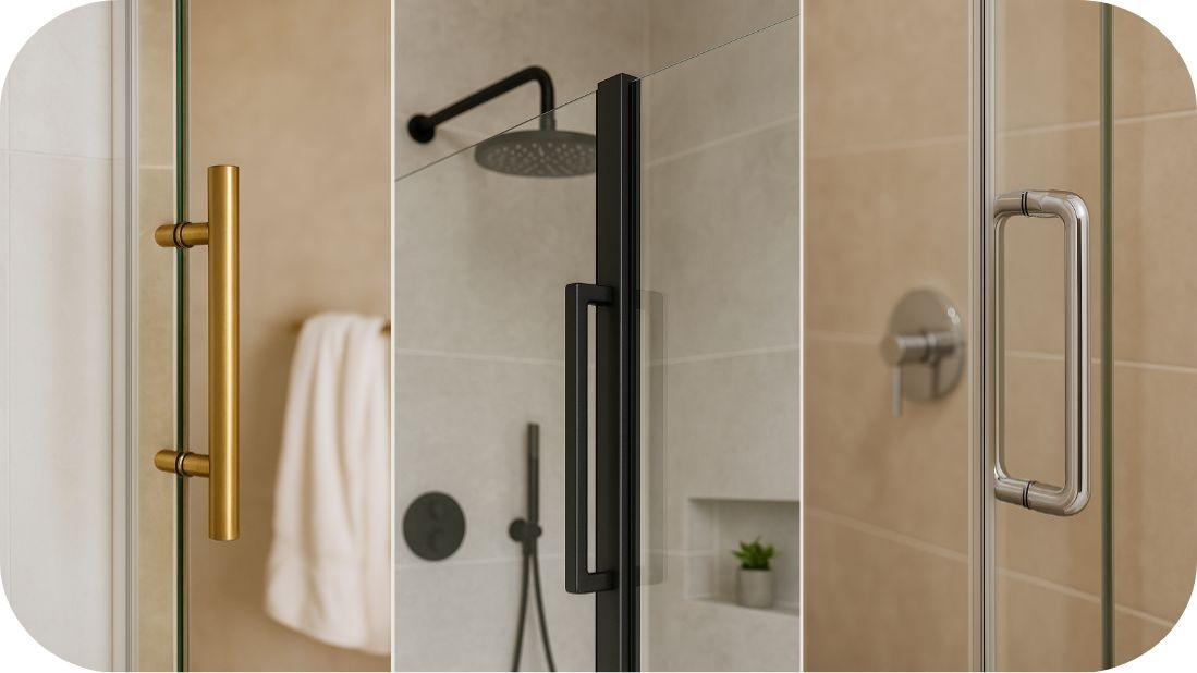 Metalne ručke i profili tuš kabine u različitim završnim obradama – crni mat, mesing i hrom