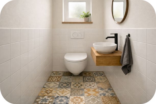 Mini toalet sa dekor podnim pločicama u patchwork dezenu i kompaktnim sanitarnim elementima