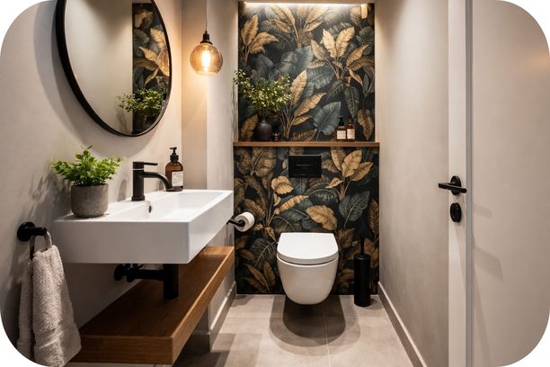 Mini toalet sa odvažnim botaničkim zidom, neutralnim podnim pločicama i kompaktnim sanitarnim elementima