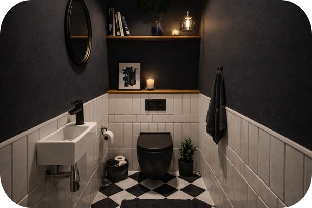 Mini toalet sa crno-belim podnim pločicama u šah dezenu, svetlim zidnim pločicama i tamnim detaljima koji unose dubinu prostora
