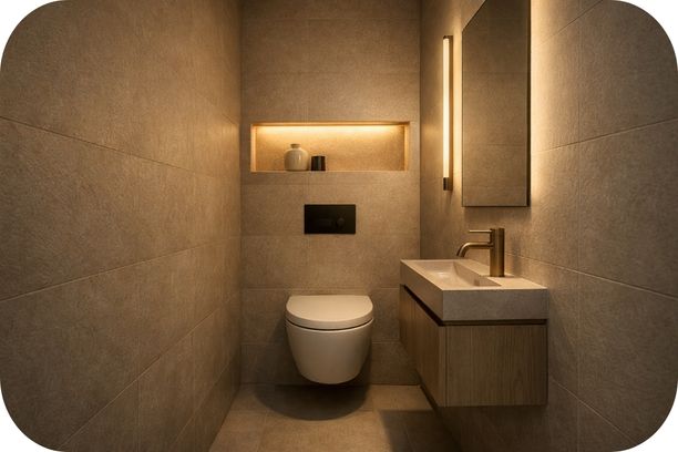 Mini toalet sa toplom LED rasvetom, ogledalom iznad umivaonika i diskretnom nišom iznad WC šolje u uskom prostoru