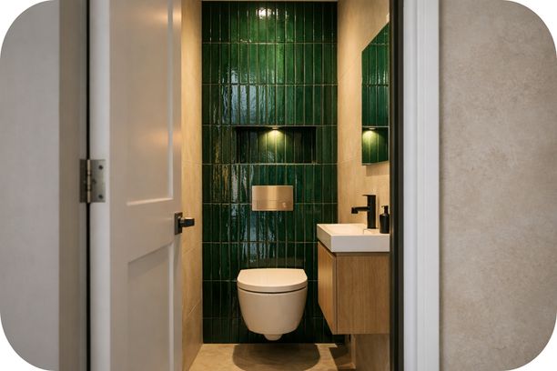Mini toalet sa zelenim akcentnim zidom od vertikalnih keramičkih pločica i pogledom iz hodnika