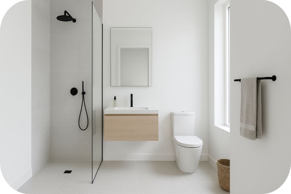 Minimalistička tuš zona sa diskretnim profilima i kontinuitetom svetlih pločica