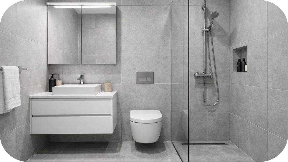 Minimalističko kupatilo sa sivim pločicama velikog formata i čistim linijama