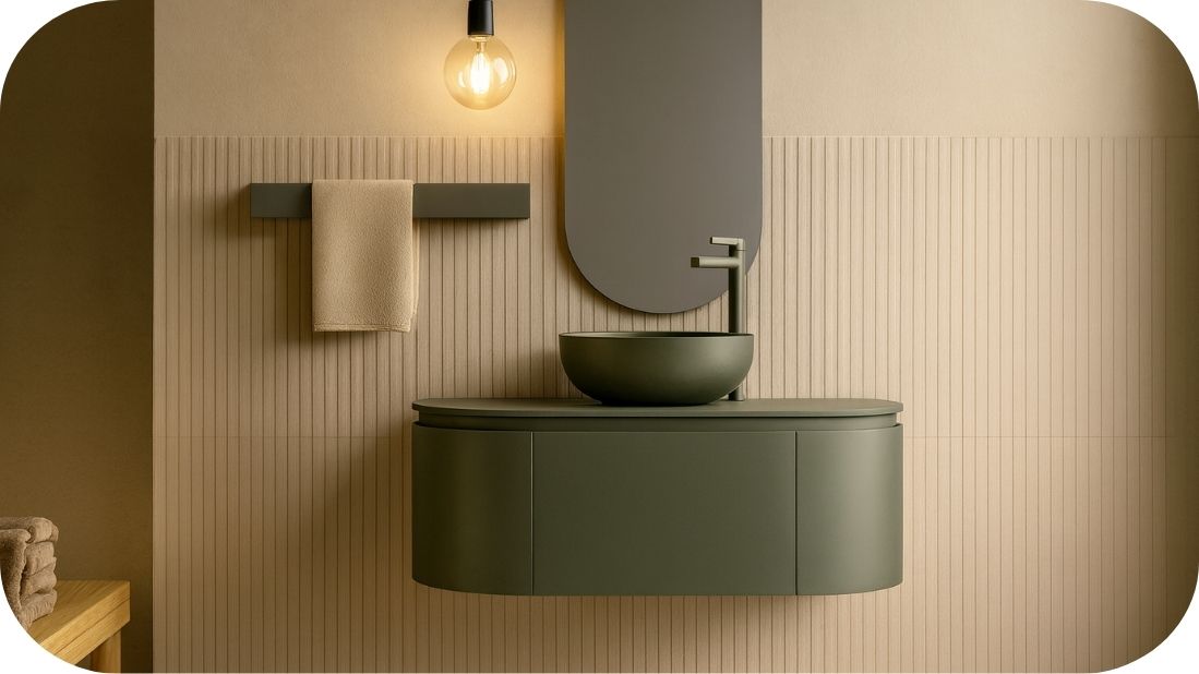 Moderan kupatilski ormarić i umivaonik u maslinastoj boji