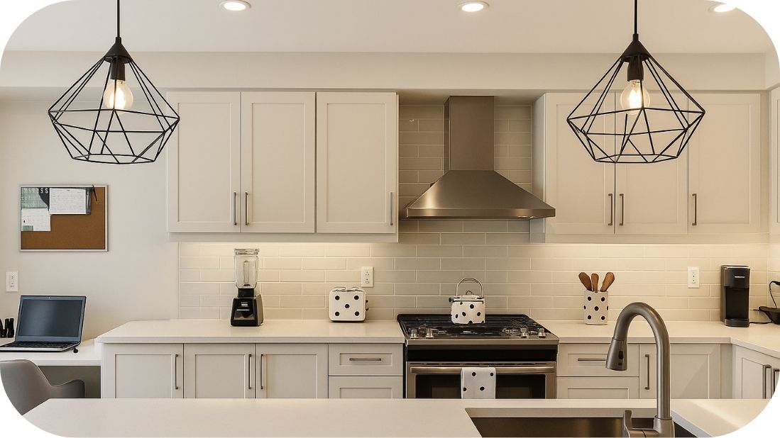 Moderna bela kuhinja sa crnim detaljima i toplim osvetljenjem