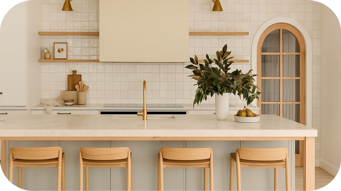 Moderna bela kuhinja s bež pločom, drvenim elementima i zlatnom slavinom u prirodnom svetlu