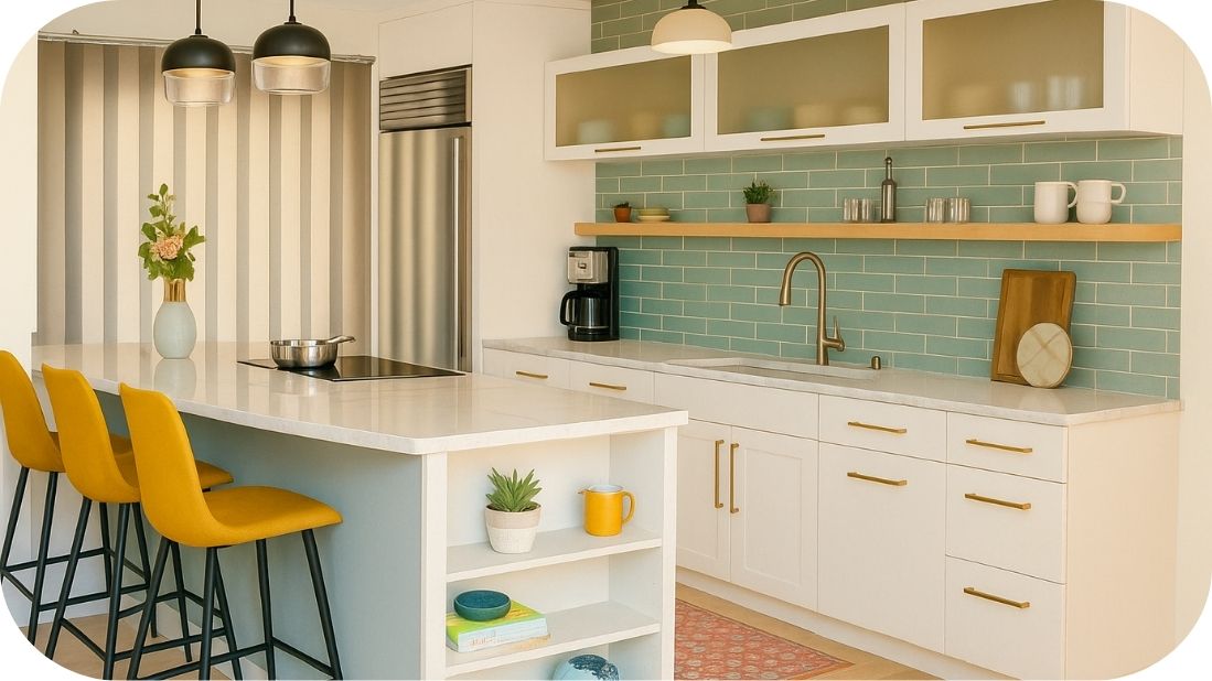 Moderna bela kuhinja sa efektnim pločicama, mermernom pločom i žutim barskim stolicama u toplom dnevnom svetlu