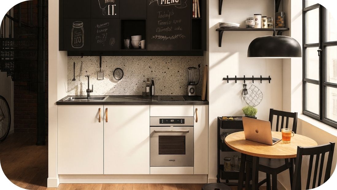 Moderna crna kuhinja sa toplim detaljima i prirodnim svetlom