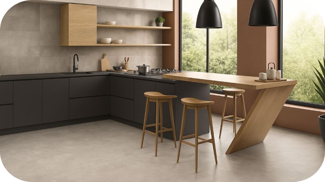 Monohromna kuhinja sa toplim drvenim akcentima