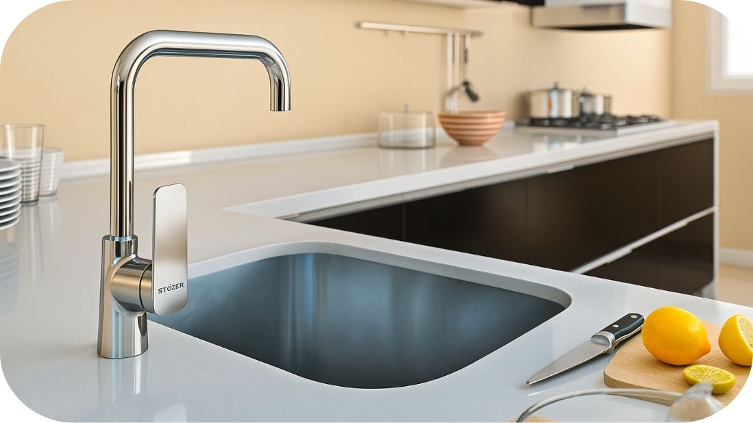 Moderna kuhinjska slavina od nerđajućeg čelika u svetloj kuhinji sa sudoperom Moderna kuhinjska slavina od nerđajućeg čelika u svetloj kuhinji sa sudoperom