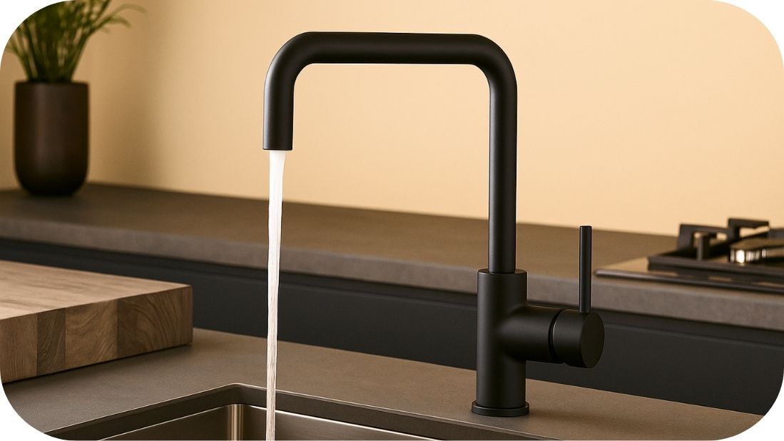 Mat crna kuhinjska slavina iz koje teče voda, moderna kuhinja u toplim tonovima