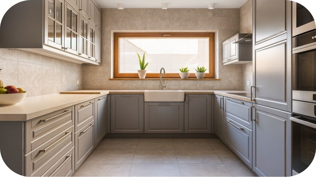 Moderna U-kuhinja u sivoj boji sa podnim pločicama i prirodnim svetlom