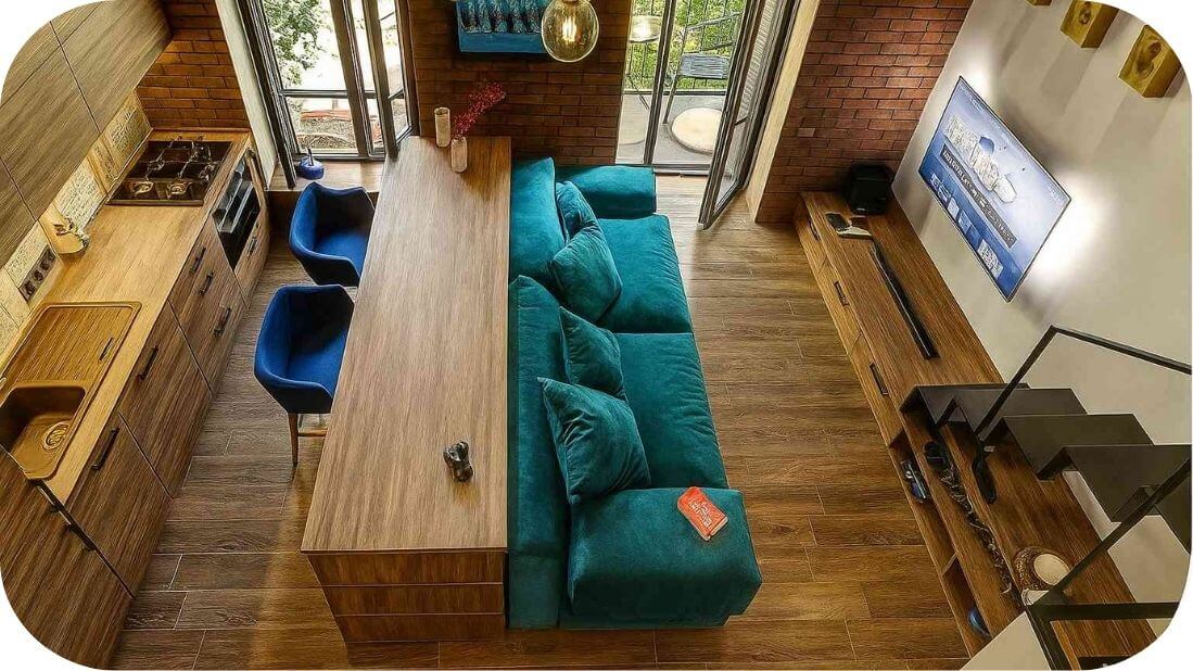 Moderna trpezarija sa tirkiznim kaučem, drvenim elementima i zidom od cigle