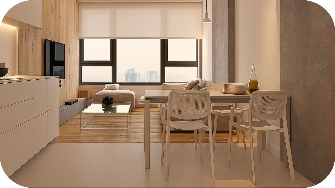 Savremena trpezarija sa kombinacijom drvenih i cementnih površina