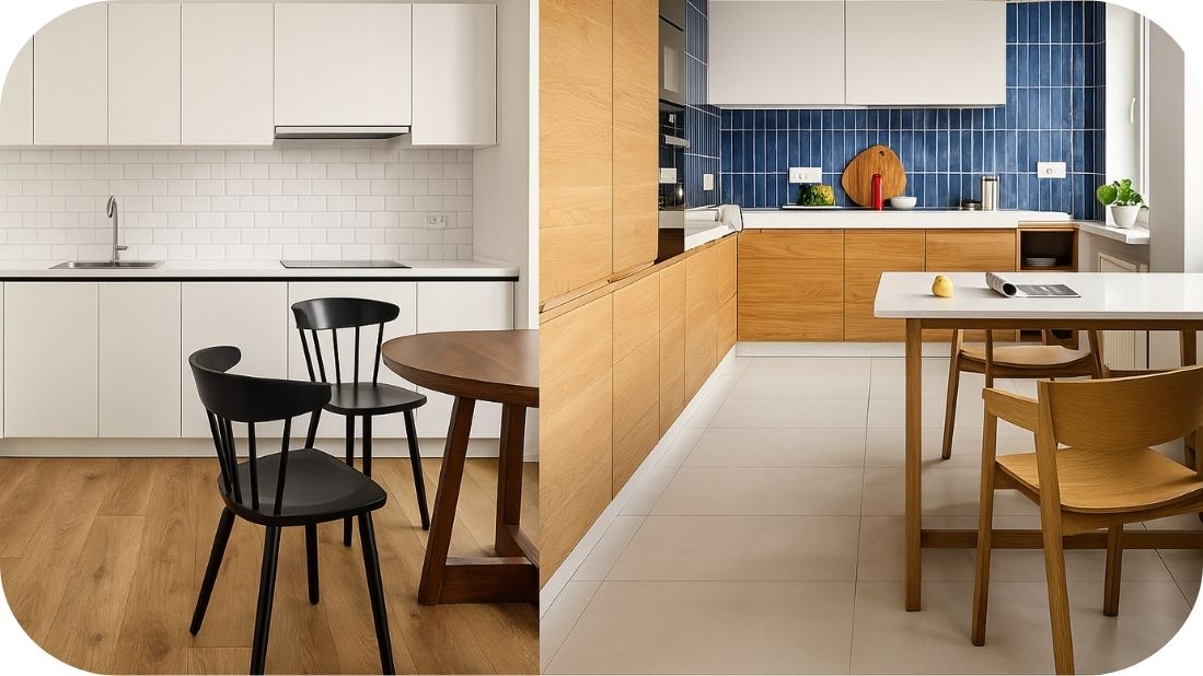Moderne kuhinje sa podnim pločicama u drvenom i svetlom tonu