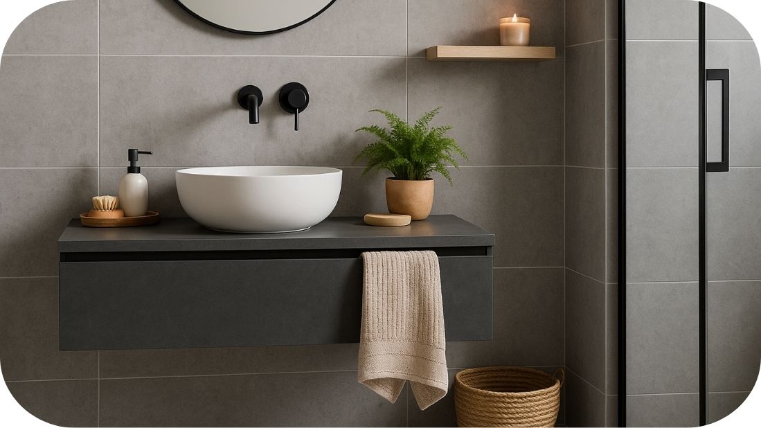 Moderno kupatilo sa sivim pločicama, tamnim ormarićem, okruglim ogledalom i crnim slavinama, uz prirodne dekorativne detalje