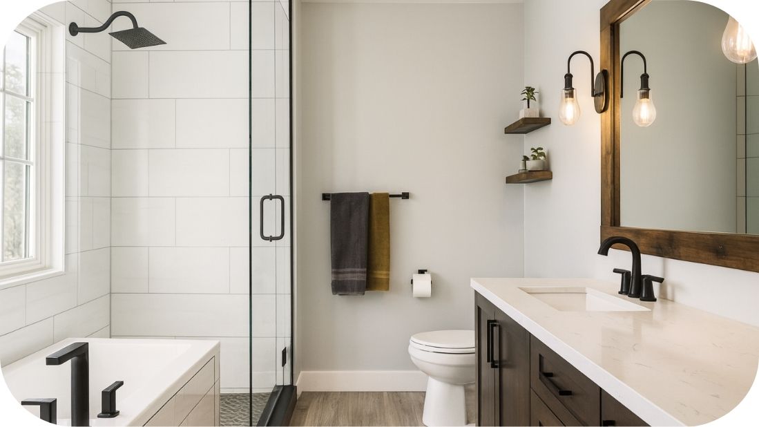 Svetlo moderno kupatilo sa tuš kabinom i tamnim detaljima