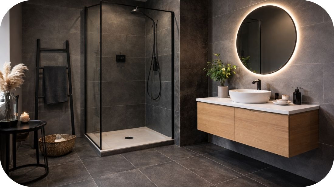 Moderno tamno kupatilo sa walk-in tušem i minimalnim detaljima