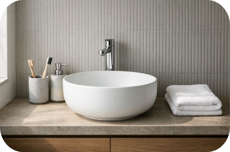 Nadgradni umivaonik na ploči u modernom kupatilu