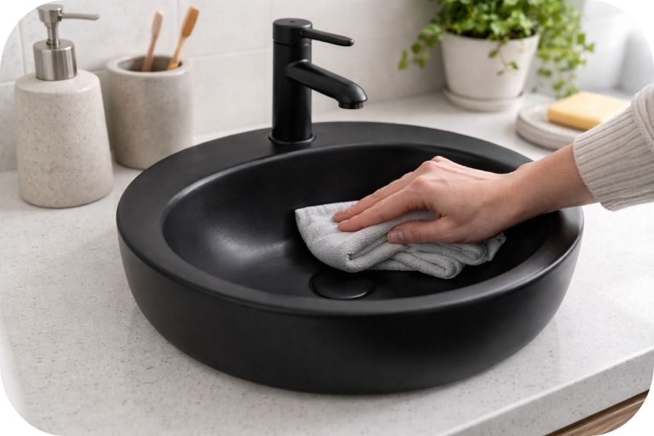 Čišćenje crnog lavaboa mekom krpom