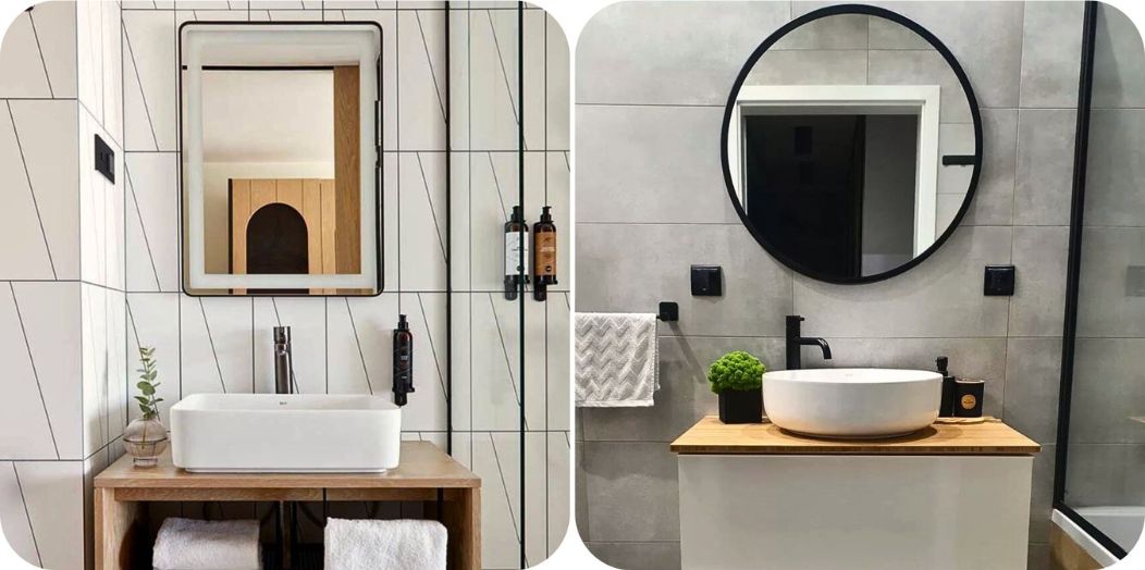 Ogledalo za kupatilo pravilne širine u odnosu na umivaonik i komodu – primer dobre proporcije